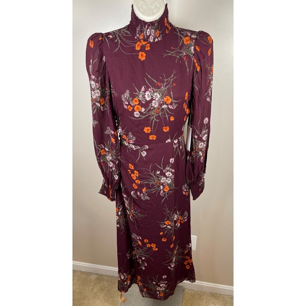 Reformation Aude Floral Smocked Georgette Turtleneck Long Sleeve Midi Dress Sz 0 - Picture 2 of 8
